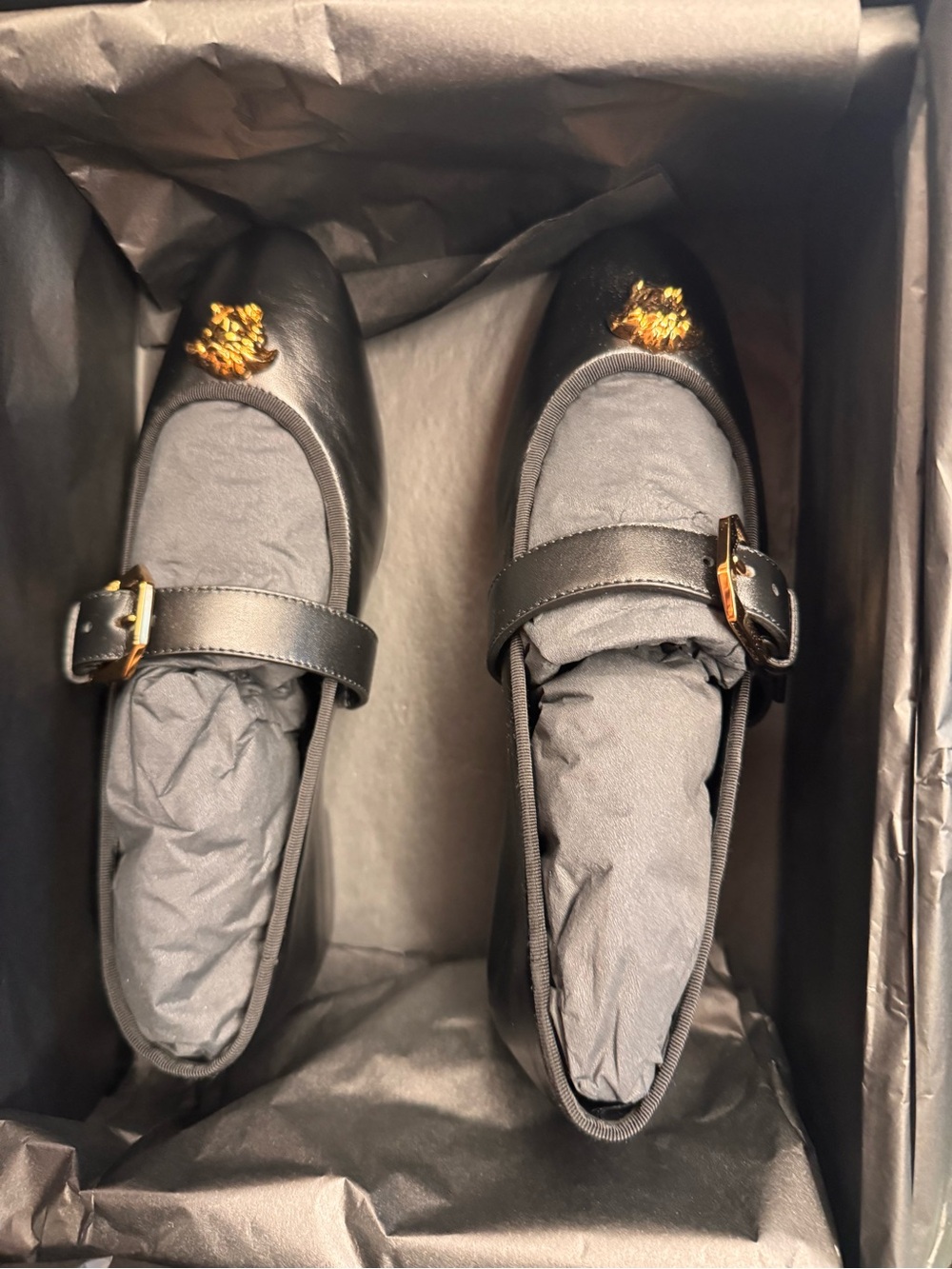 Versace Black Leather Mary Jane Flats with Gold Medusa Accent